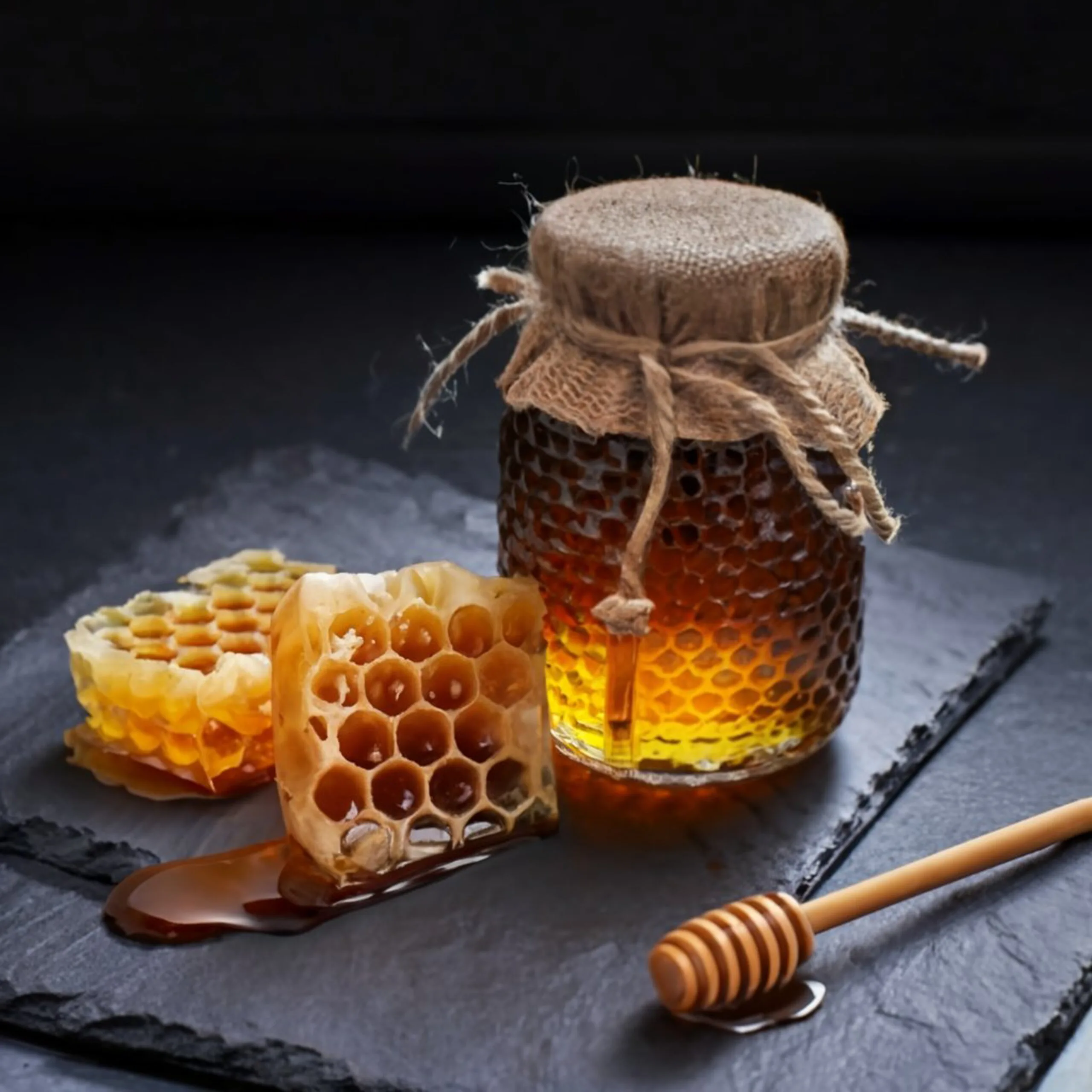 Miody Dalkowskie 58 Honeycombs, A jar of honey bees flying around it, walnuts, dipper on plate with blueberries 3d background